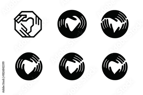 Volunteer Logo Variations. Volunteer in action. Icon set. Set Logo of volunteer in action: person distributing supplies. harmonious logo variations of the same