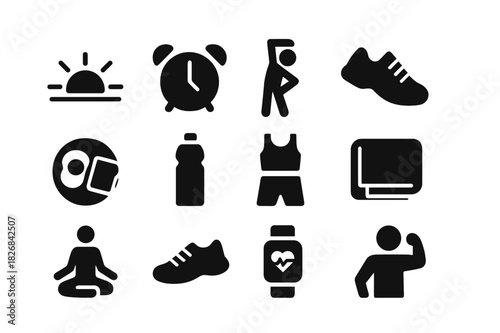 Morning Routine Icons. Morning routine. Solid icon set of Morning routine: sunrise, alarm clock, stretching, jogging shoes, breakfast icon, water bottle,