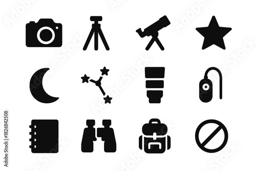 Astrophotography Icon Set. Astrophotography. Solid icon set of astrophotography: camera, tripod, telescope, star, moon, constellation, lens, remote shutter,