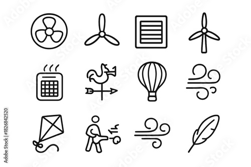 Air Tools Icon Set. Air Tools. Line icon set of Air Tools: fan, propeller, air vent, wind turbine, air purifier, weather vane, hot air balloon, smoke trail,