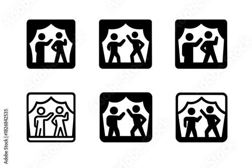 Theatrical Feedback Icons. A director giving feedback to an actor on their performance. Icon set. Set Logo of a director giving feedback to an actor on their