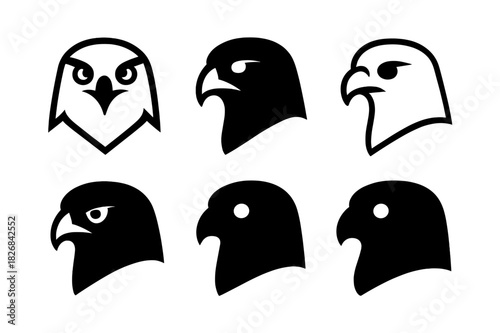 Falcon Logo Set. Falcons. Icon set. Set Logo of Falcons: Falcon Eye. harmonious logo variations of the same emblematic concept (Symmetrical form, Negative