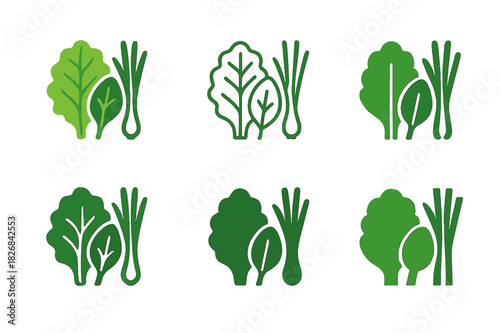 Fresh Greens Logos. produce display. Icon set. Set Logo of produce display: assortment of fresh greens. harmonious logo variations of the same emblematic