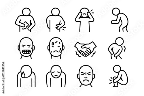Physical Pain Icons. Physical pain. Line icon set of Physical pain: hand on stomach, back pain, head ache, bent-over posture, clenched teeth, sweating, shaking
