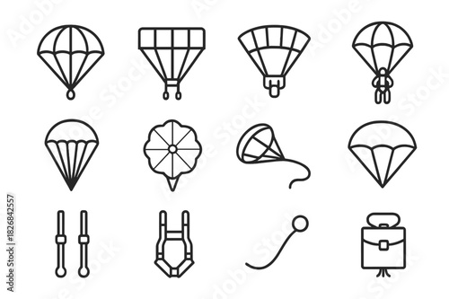 Parachute Line Icons. Parachute types. Line icon set of Parachute types: round parachute, square parachute, ram-air parachute, tandem parachute, sport chute,