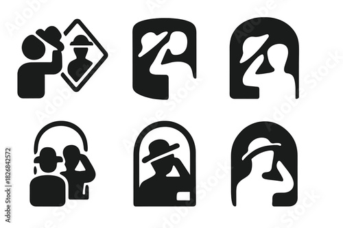 Hat Icon Variations. Trying on a hat in a mirror. Icon set. Set Logo of trying on a hat: person tipping hat. harmonious logo variations of the same emblematic
