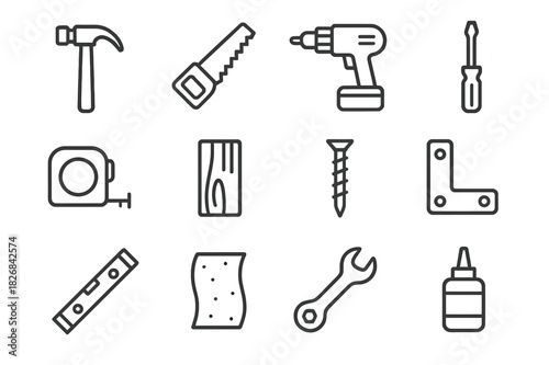 DIY Tools Icon Set. DIY furniture building. Line icon set of DIY furniture building: hammer, saw, drill, screwdriver, measuring tape, wood plank, screw,