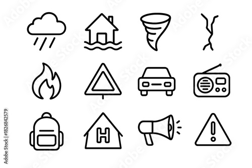 Natural Disaster Icons. Natural disaster evacuation. Line icon set of natural disaster evacuation: storm cloud, flood, tornado, earthquake crack, wildfire,