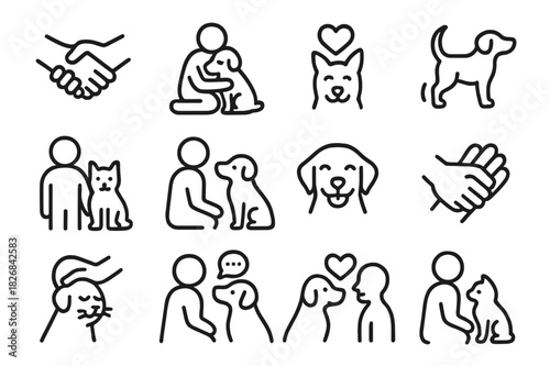 Animal-Human Connection Icons. Animal-human bond. Line icon set of animal-human bond: handshake with paw, cuddle icon, heart over animal, tail wagging, person