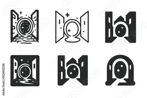Mythical Icons Modernized. Fantasy and mythology in modern settings. Icon set. Set Logo of fantasy and mythology in modern settings: magic portal in alley.