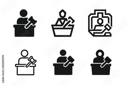 Courtroom Logos Variations. Courtroom scene with defendant. Icon set. Set Logo of courtroom: judge?s gavel and defendant figure. harmonious logo variations of