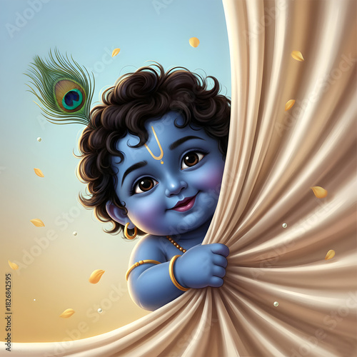 Cute Baby Krishna Peeking from Behind Curtain with Peacock Feather and Playful Smile
