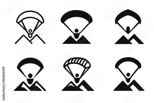 Paragliding Logo Variations. Paragliding. Icon set. Set Logo of Paragliding: paraglider above mountains. harmonious logo variations of the same emblematic