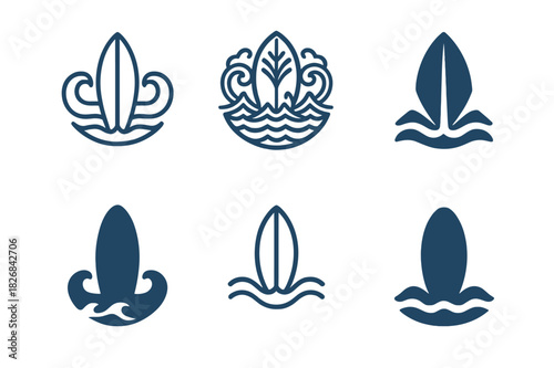 Surfboard Logo Variations. Oceans. Icon set. Set Logo of Oceans: Surfboard. harmonious logo variations of the same emblematic concept, each with different