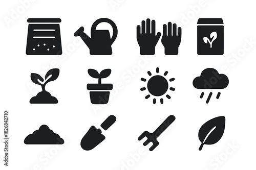 Sustainable Gardening Icons. Sustainable gardening. Solid icon set of Sustainable gardening: compost bin, watering can, garden gloves, seeds, sprout, plant