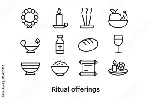 Ritual Offering Icons. Ceremonial items. Line icon set of ceremonial items: incense burner, candle, altar, cross, bell, flower garland, ceremonial staff,