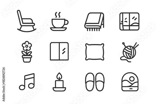 Senior Relaxation Icons. Senior relaxation. Line icon set of Senior relaxation: rocking chair, tea cup, blanket, book, flower pot, window, soft pillow,