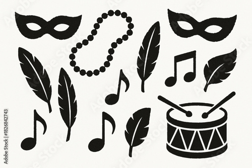 Carnival symbol collection torn vector style masks beads feathers music notes drums on white background