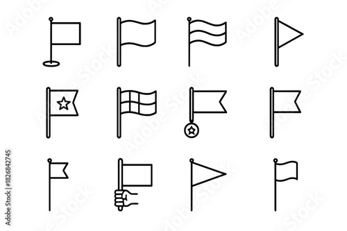 Ceremonial Flag Icons. Ceremonial flags. Line icon set of ceremonial flags: flag on stand, waving flag, fluttering banner, triangular pennant, award flag,