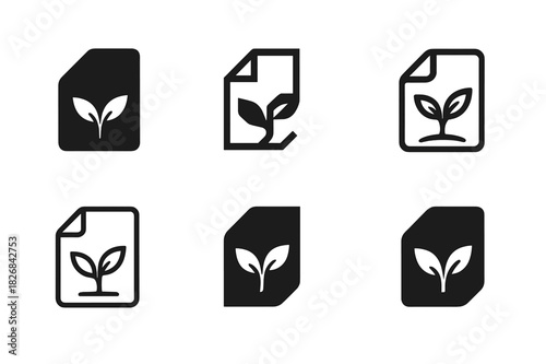 Biodegradable Icons Collection. Biodegradable materials. Icon set. Set Logo of biodegradable materials: paper icon with plant. harmonious logo variations of