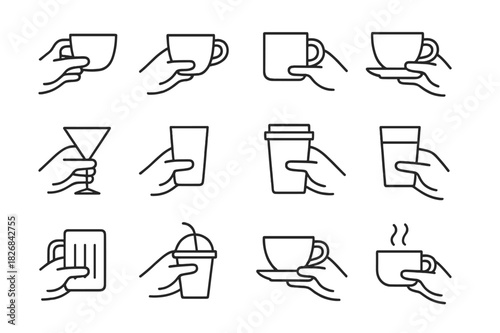 Cup Line Icons. Cup Collection. Line icon set of Cup Collection: hand holding coffee cup, hand holding tea cup, hand holding mug, hand holding wine glass, hand