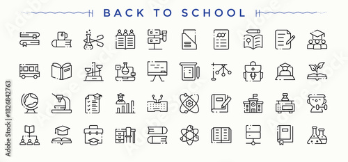 Back To School icon set. Thin outline icons pack. Student icon set. Contains outline symbols like graduation, science, book, class, student and more.