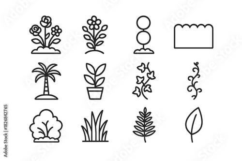 Garden Icon Set. Garden greenery. Line icon set of Garden greenery: rose bush, flowering plant, topiary, hedge, palm, potted plant, ivy, vine, shrub, grass,