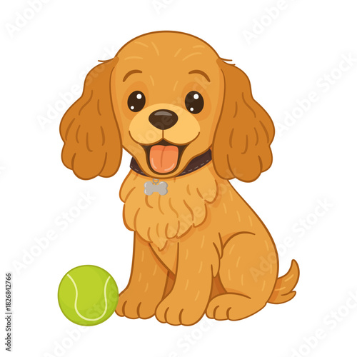 Cute cocker spaniel sits next to tennis ball. Flat style vector illustration. Perfect for pet grooming, dog training, pet toys, stickers, pet care, animal toys, and cheerful merchandise graphics.
