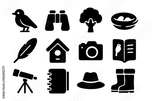 Avian Observation Icons. Avian observation. Solid icon set of Avian observation: bird, binoculars, tree, nest, feather, birdhouse, camera, field guide,