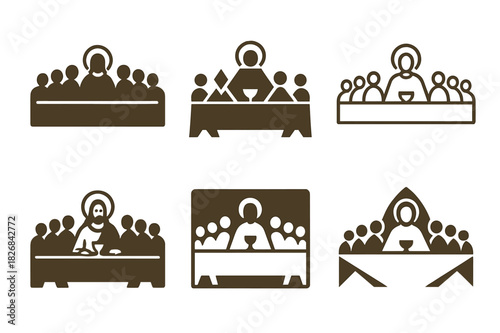 Stylized Last Supper Logos. Last Supper. Icon set. Set Logo of Last Supper: stylized communal meal. harmonious logo variations of the same emblematic concept,