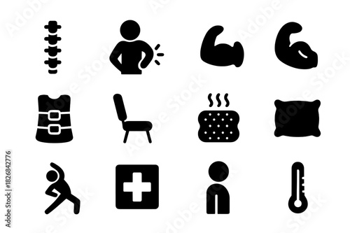 Posture Correction Icons. Posture Correction. Solid icon set of spine, person holding back, pain lines, muscle, back brace, chair, hot pack, pillow, stretching
