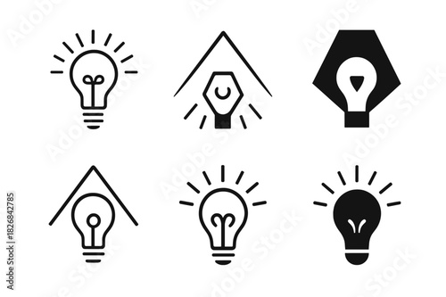 Symbolic Light Logos. New awareness. Icon set. Set Logo of light shining on idea. harmonious logo variations of the same emblematic concept (Symmetrical form,