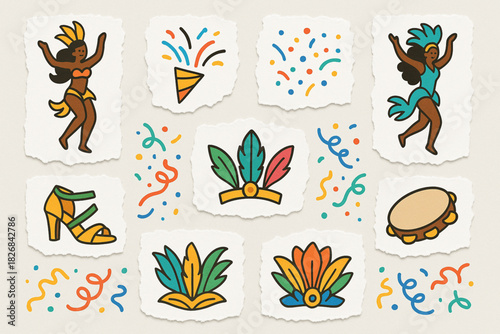 Carnival symbol pack torn vector style dancer’s confetti samba shoes feather crowns tambourines on white background