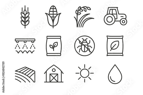 Crop Management Icons. Crop management. Line icon set of crop management: wheat, corn, rice, tractor, irrigation, fertilizer, pest control, seed bag, field,