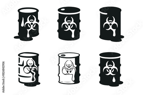 Toxic Waste Barrel Logos. toxic waste barrels. Icon set. Set Logo of toxic waste barrels: hazardous liquid dripping from barrel. harmonious logo variations of