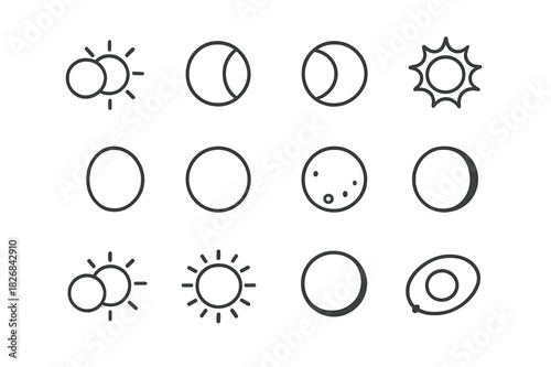 Eclipse Icon Set. Eclipse. Line icon set of Eclipse: solar eclipse, lunar eclipse, crescent shadow, sun obscured, corona, shadowed planet, moon silhouette,