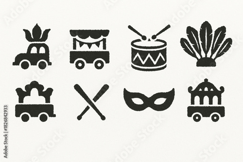 Carnival icon set torn vector ripped style floats drums feather fans sticks masks on white background