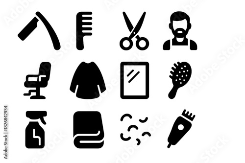 Men's Grooming Icons. Men's grooming. Solid icon set of Men's grooming: straight razor, comb, scissors, barber, barber chair, cape, mirror, hairbrush, spray