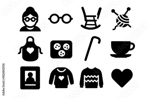 Grandma Icon Set. Grandma. Solid icon set of grandma: elderly woman, glasses, gray bun hairstyle, rocking chair, knitting needles, apron, baking tray, walking