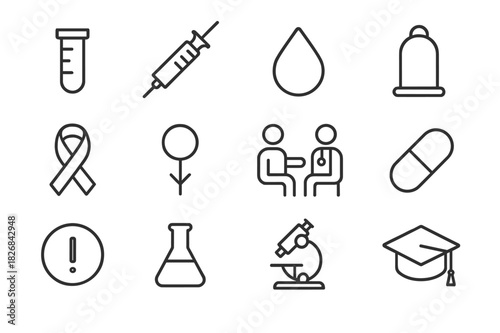 STI Awareness Icons. STI Awareness. Line icon set of STI Awareness: test tube, syringe, blood drop, condom, HIV ribbon, genital health, doctor consultation,