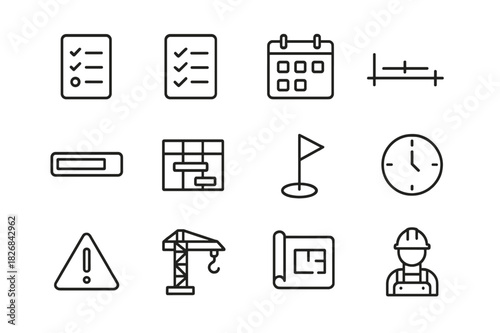 Construction Icon Set. Construction interface tools. Line icon set of Construction interface tools: task list, checklist, calendar, timeline, progress bar,