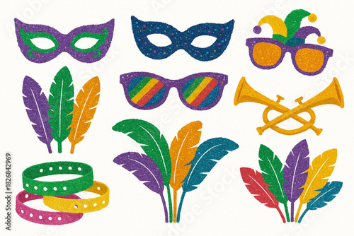 Carnival illustration set torn vector ripped texture masks sunglasses horns feathers wristbands on white background