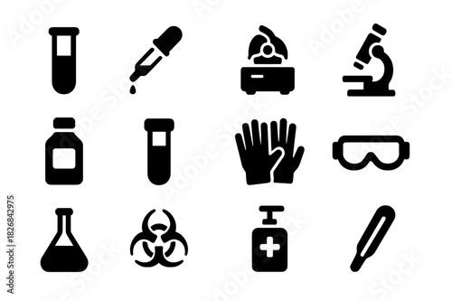 Medical Lab Icons. Medical lab. Solid icon set of medical lab: test tube, pipette, centrifuge, microscope, reagent bottle, blood sample, gloves, protective