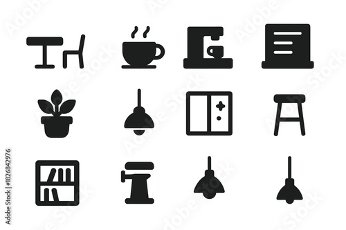 Cafe Interior Icons. Cafe interior scene. Solid icon set of Cafe interior scene: table, chair, coffee cup, counter, menu board, espresso machine, plant, lamp,