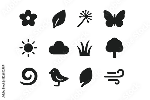 Spring Breeze Icons. Spring breeze. Solid icon set of spring breeze: flower, leaf, dandelion, butterfly, sun, cloud, grass, tree, swirl, bird, petal, wind