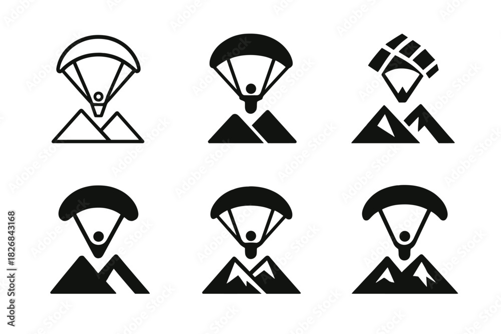 Fototapeta premium Paragliding Logo Variations. Paragliding. Icon set. Set Logo of Paragliding: paraglider above mountains. harmonious logo variations of the same emblematic