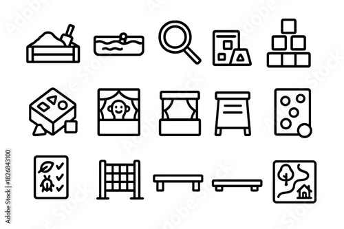 Outdoor Play Icon Set. Educational play outdoors. Line icon set of educational play outdoors: sandbox, water play, magnifying glass, color blocks, shape