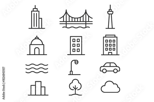 Urban Icons Set. Urban lifestyle. Solid icon set of urban lifestyle: skyscraper, subway, bicycle, street light, coffee cup, office building, park bench,