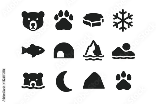 Polar Bear Icon Set. Polar bear. Solid icon set of polar bear: polar bear face, bear paw, ice floe, snowflake, fish, igloo, iceberg, arctic landscape, swimming
