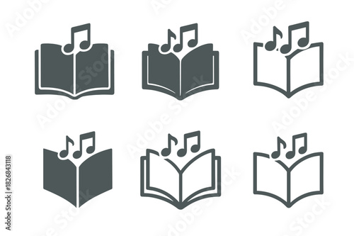 School Musical Icons. Singing for musical productions in schools. Icon set. Set Logo of singing for musical productions in schools: Open music book with notes.
